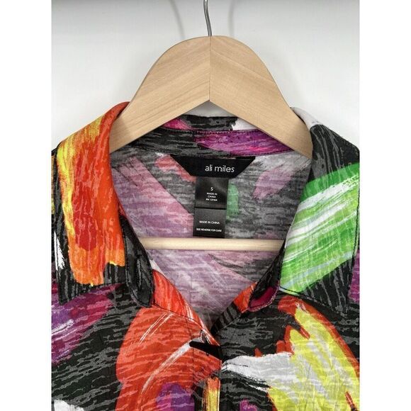 Ali Miles Abstract Print Button Colorful Roll Tab Wearable Art Tunic Size Small - Picture 2 of 5